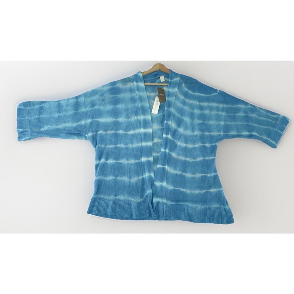 Chico's Cardigan Sweater Linen Tie Dye Open Front Turquoise White Knit 2 NWT
